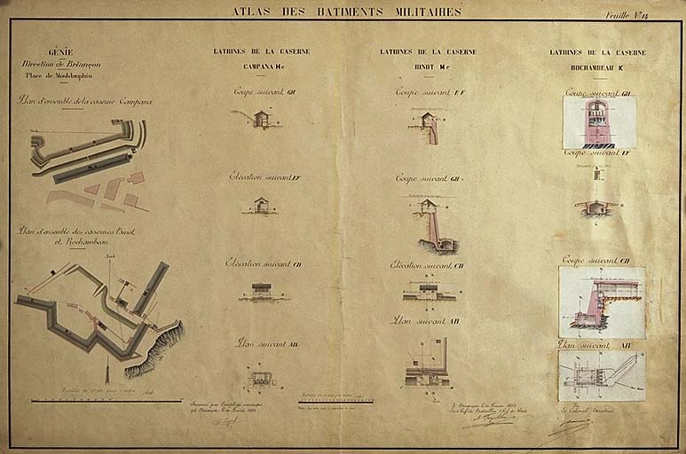 Place de Montdauphin. Plan d'ensemble de la caserne Campana. Plan d'ensemble des casernes Binot et Rochambeau. Latrines de la Caserne Campana H, Latrines de la Caserne Binot M, Latrine de la caserne Rochambeau K. 1893. ; Place de Montdauphin. Plan d'ensemble de la caserne Campana. Plan d'ensemble des casernes Binot et Rochambeau. Latrines de la Caserne Campana H, Latrines de la Caserne Binot M, Latrine de la caserne Rochambeau K. 1893. ; Place de Montdauphin. Plan d'ensemble de la caserne Campana. Plan d'ensemble des casernes Binot et Rochambeau. Latrines de la Caserne Campana H, Latrines de la Caserne Binot M, Latrine de la caserne Rochambeau K. 1893.