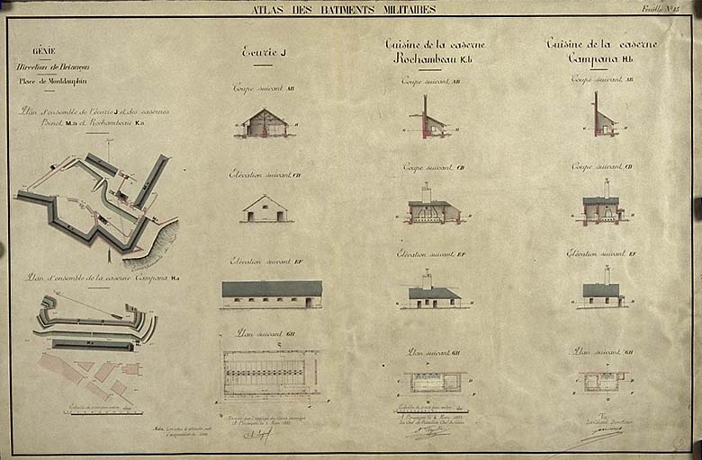 Place de Montdauphin. Ecurie J. Cuisine de la caserne Rochambeau KL. Cuisine de la caserne Campana HL, 1833. ; Place de Montdauphin. Ecurie J. Cuisine de la caserne Rochambeau KL. Cuisine de la caserne Campana HL, 1833.