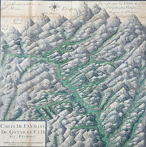 Carte de la vallée de Queyras et de ses environs par Ricond, le 17 janvier 1696.