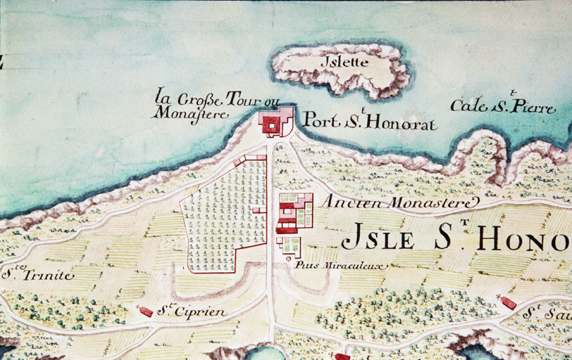 Carte des Isles Ste Marguerite et St Honorat 18e siècle. Détail : le monastère Saint-Honorat.