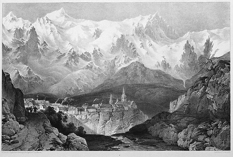 La Grave, and the moutain of Amparis. [Le bourg, vu du nord-est. Au fond, la Meije.]