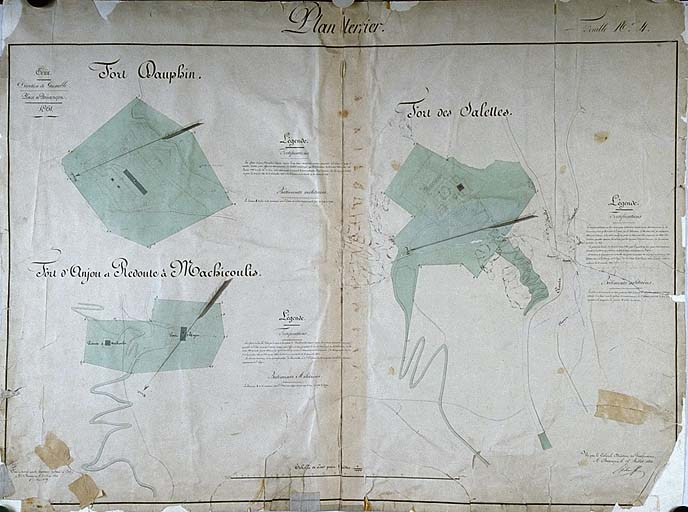 Plan terrier. Fort Dauphin. Fort des Salettes. Fort d'Anjou et Redoute à Machicoulis (19e siècle). ; Plan terrier. Fort Dauphin. Fort des Salettes. Fort d'Anjou et Redoute à Machicoulis. ; Plan terrier. Fort Dauphin. Fort des Salettes. Fort d'Anjou et Redoute à Machicoulis.