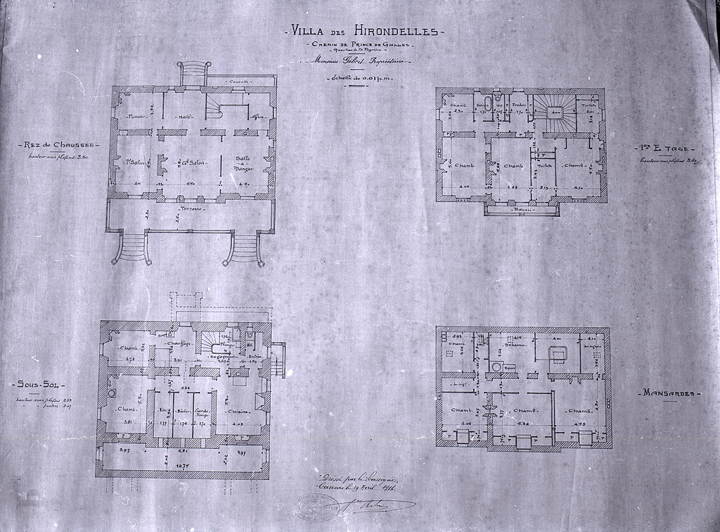Villa des hirondelles. Chemin du Prince de Galles. Quartier de la Peyrière. Monsieur Gibert propriétaire. [Plans des niveaux], 1916.