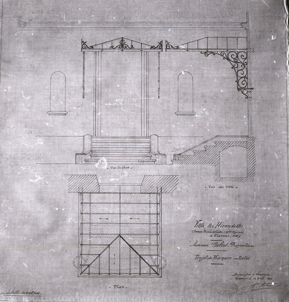Villa des hirondelles. Chemin du Prince de Galles. (qtier Peyrière) à Cannes (A.M.). Monsieur Gibert propriétaire. Projet de marquise sur entrée, 1916.