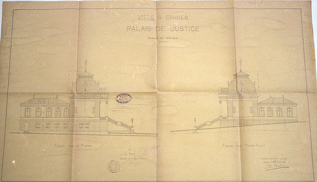 Ville de Cannes. Palais de justice. Façade rue Le Poussin. Façade rue Pierre Puget. 1898