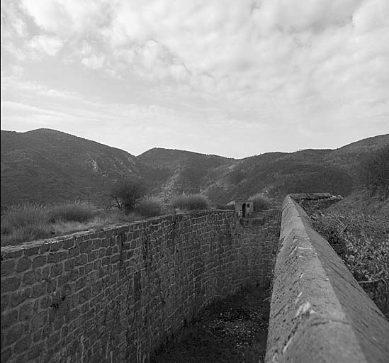 Front sud. Vue du fossé prise d'enfilade du haut de la caponnière sud. A gauche, dans la contrescarpe, en fond de fossé, entrée du colombarium et, à côté, échancrure de contrescarpe. Au fond, abri et guérite observatoire du saillant sud-ouest.