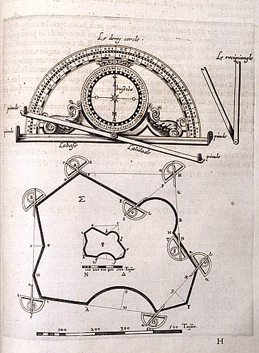 Gravure d'un graphomètre à boussole et exemples de son utilisation.