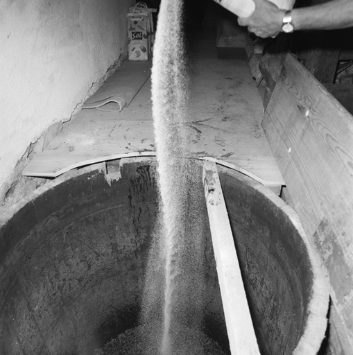 Vendanges et vinification en 1996. Les bennes sont vidées dans la tine.