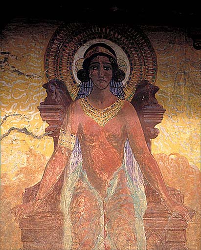 Détail : panneau peint représentant une divinité féminine assise sur un trône, dominant la travée d'escalier sur la façade ouest, depuis l'ouest.
