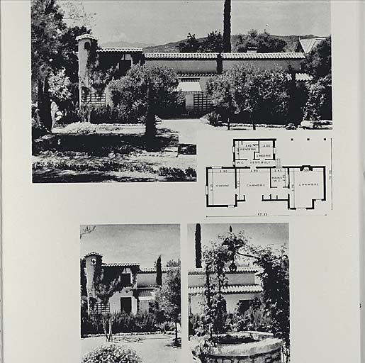 Projet réalisé. Façade antérieure est, vue d'ensemble et détail, puits, plan agrandi.