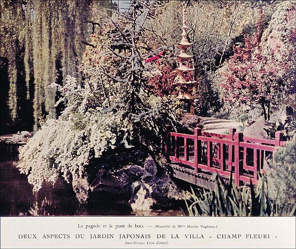 Deux aspects du jardin japonais de la villa Champ Fleuri. La pagode et le pont de bois (propriété de Mme Marino Vagliano). 1936.