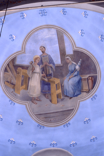 Peintures monumentales de la chapelle Saint-Joseph : Jésus travaillant dans l'atelier de saint Joseph, près de la Vierge
