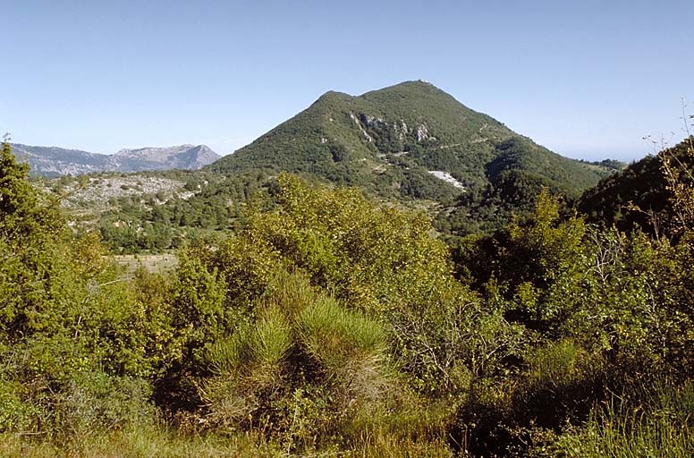 Vue lointaine du Mont Ours prise du nord-ouest depuis les pentes du Mont Meras. ; Vue lointaine du Mont Ours prise du nord-ouest, depuis les pentes du Mont Meras.