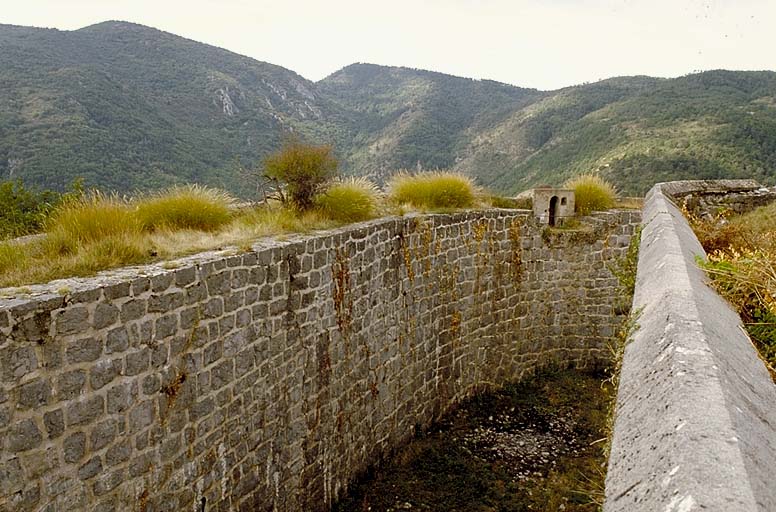 Front sud. Vue du fossé prise d'enfilade du haut de la caponnière sud. A gauche, dans la contrescarpe, en fond de fossé, entrée du colombarium et, à côté, échancrure de contrescarpe. Au fond, abri et guérite observatoire du saillant sud-ouest.