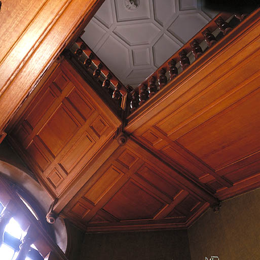 Circulation verticale (détail). Cage d'escalier en noyer vue par dessous.