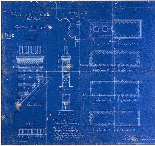 Détail des souches de cheminée. Elévation et plans.