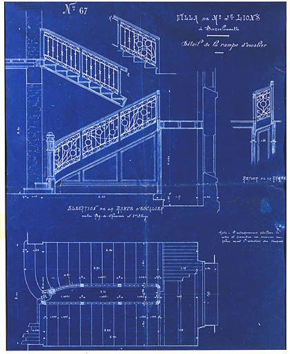 Détail de la rampe d'escalier. Elévation et plan.