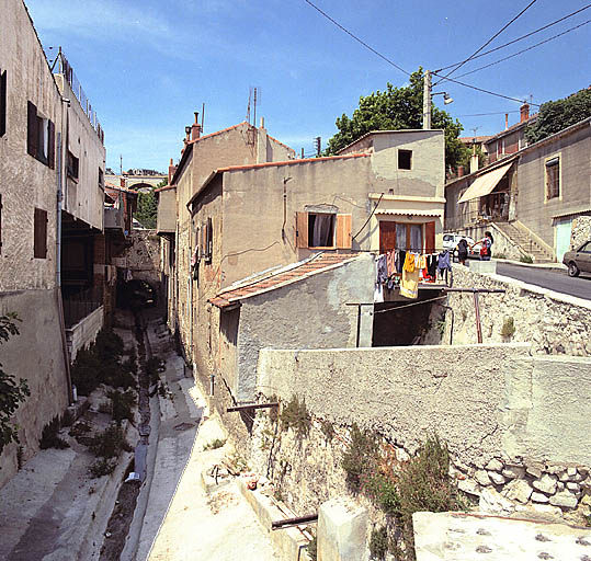 Ensemble des 43 à 47 montée Antoine-Castejon (parcelle Riaux D6). Vue générale de l'îlot prise en direction du viaduc des Riaux : élévations arrière sur le ruisseau des Riaux.