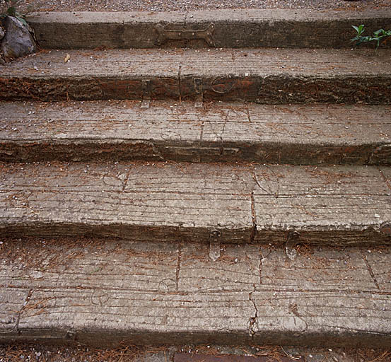 Escalier extérieur à décor de rocaille.