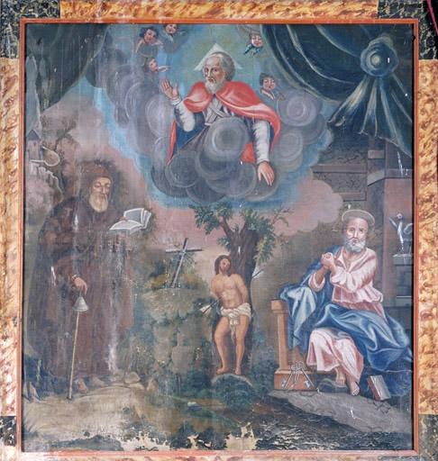 Tableau : Le martyre de saint Sébastien en présence de saint Pierre, saint Antoine et Dieu le Père, cadre