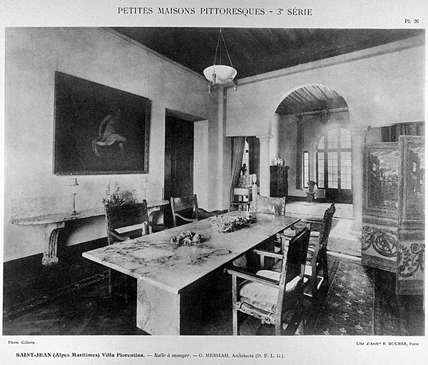 Saint-Jean (Alpes-Maritimes) - Villa Fiorentina - G. MESSIAH (architecte D.P.L.G). [Vue intérieure de la salle à manger.], vers 1920.