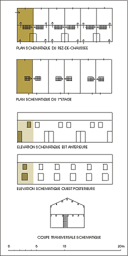 Immeuble à logements occupant la parcelle D 179 : plans, élévations et coupe schématiques.