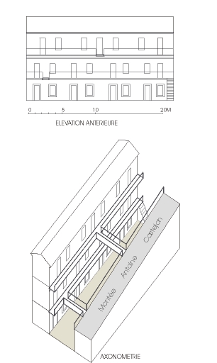 Plan masse, élévation et coupe schématiques.