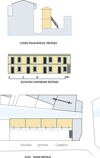 Restitution : plan masse, élévation et coupe schématiques.