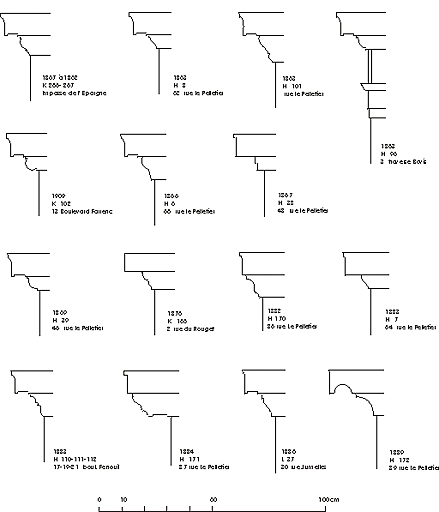 Ensemble de 47 corniches. Profil de corniches en béton moulé, XIXe siècle.