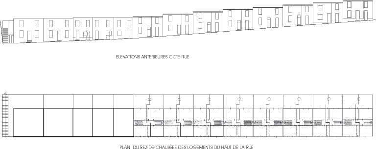 Elévation générale et plan des distributions des parcelles 74 à 88.