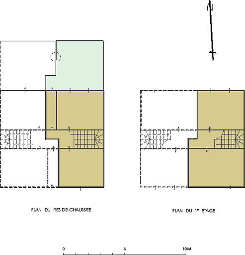 Plans schématiques du rez-de-chaussée et du 1er étage de l'immeuble-module situé aux numéros 2 et 4 de la rue (parcelles 88 et 89).