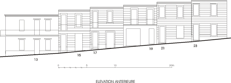 Elévation antérieure des façades principales sur le boulevard Farrenc, n° 13 à 23, parcelles 101, 102, 103, 436, 105, 106. Dans cette partie basse du boulevard, les façades sont en alignement sur rue.