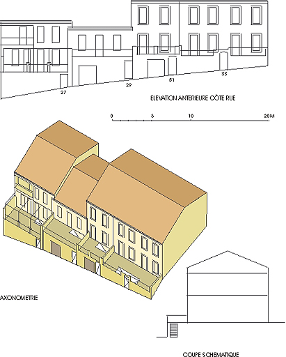 Elévation antérieure, axonométrie et coupe schématique des maisons n° 27 à 33 boulevard Farrenc, parcelles 415 et 109 à 112. Dans cette partie haute du boulevard, les façades, en retrait par rapport à la rue, sont précédées d'une remise en étage de soubassement, surmontée d'une terrasse.