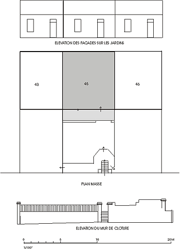 Plan masse, élévation du mur de clôture et des façades sur les jardins.