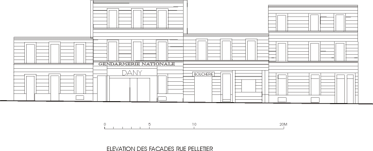 Extrémité ouest de la rue. Elévation des immeubles n° 83 à 89 (parcelles H 169 à 172), construits en 1882, 1884 et 1889. Ce relevé a été effectué en 2000 avant qu'un ravalement ne fasse disparaître l'inscription Gendarmerie nationale sur l'immeuble H 170. Le commerce au rez-de-chaussée occupe probablement l'emplacement de la porte cochère de la gendarmerie signalée dans les matrices cadastrales.