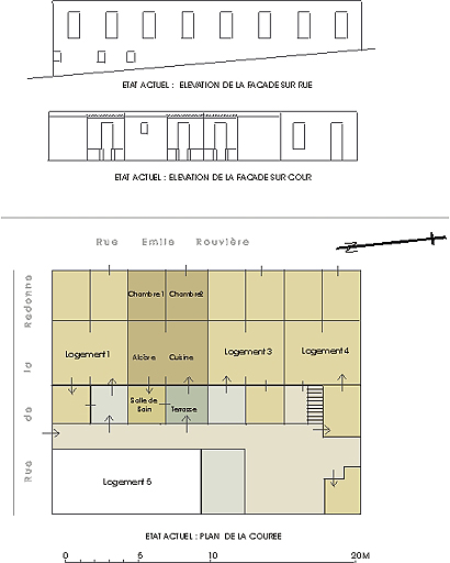 Etat actuel : plan de distribution, élévation des façades sur cour et sur rue.