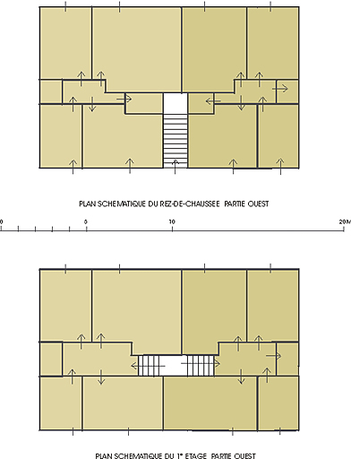 Plan schématique sur la partie ouest du bâtiment au rez-de-chaussée et au 1er étage.