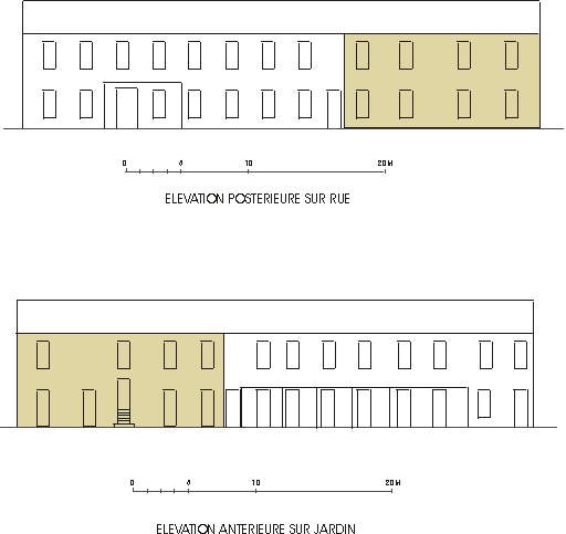 Elévations des façades antérieure sur jardin et postérieure sur rue.