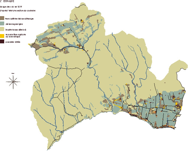 Usages des sols en 1827. Section 6 dite de Séon, feuilles 1 à 6. D'après le plan cadastral de 1819, avec assemblage des 6 feuilles et report des usages des sols extraits de l'état de section de 1827.