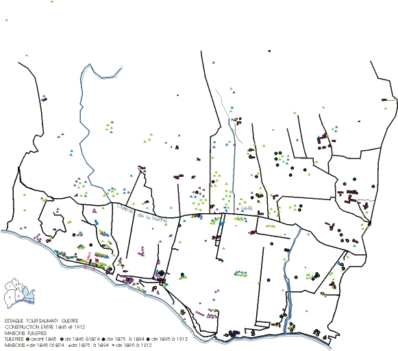 Constructions entre1845 et 1912, Estaque, Tour Saumaty, Guérite : maisons et tuileries. sur fond de plan cadastral de 1819. ; Constructions entre1845 et 1912, Estaque, Tour Saumaty, Guérite : maisons et tuileries. sur fond de plan cadastral de 1819.