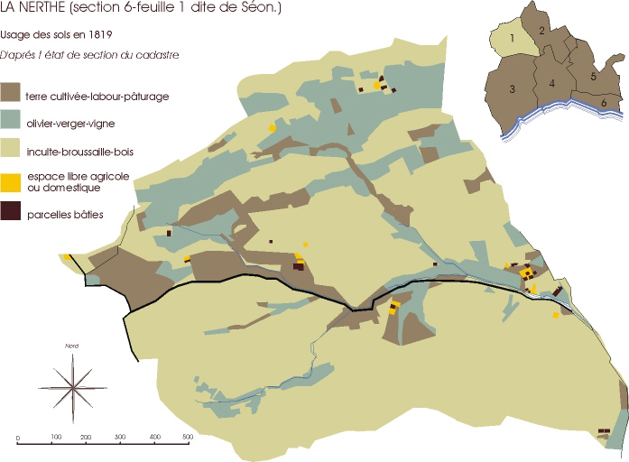 Usage des sols en 1827, secteur de la Nerthe, feuille 1 de la section 6 dite de Séon. D'après le plan cadastral de 1819, avec report des usages des sols extraits de l'état de section de 1827.