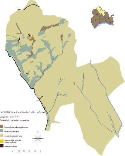 Usage des sols en 1827, secteur de la Nerthe, feuille 2 de la section 6 dite de Séon. D'après le plan cadastral de 1819, avec report des usages des sols extraits de l'état de section de 1827.