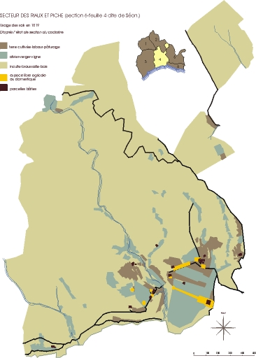 Usage des sols en 1827, secteur des Riaux et Piche, feuille 4 de la section 6 dite de Séon. D'après le plan cadastral de 1819, avec report des usages des sols extraits de l'état de section de 1827.