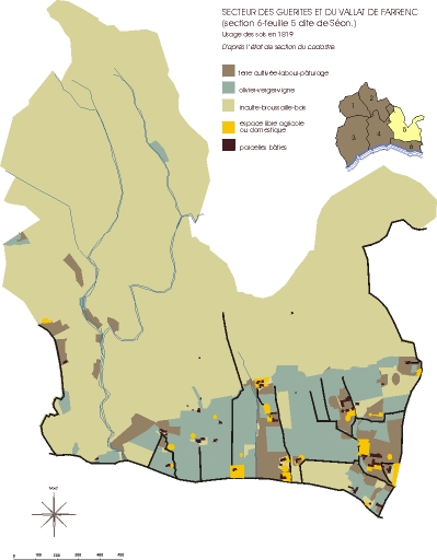 Usage des sols en 1827, secteur des Guérites et du Vallat de Farrenc, feuille 5 de la section 6 dite de Séon. D'après le plan cadastral de 1819, avec report des usages des sols extraits de l'état de section de 1827.
