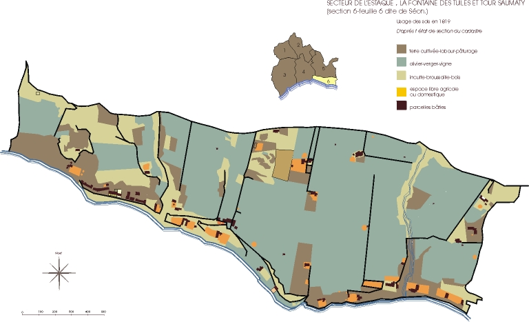 Usage des sols en 1827, secteur de l'Estaque, la Fontaine-des-Tuiles et Tour Saumaty, feuille 6 de la section 6 dite de Séon. D'après le plan cadastral de 1819, avec report des usages des sols extraits de l'état de section de 1827.