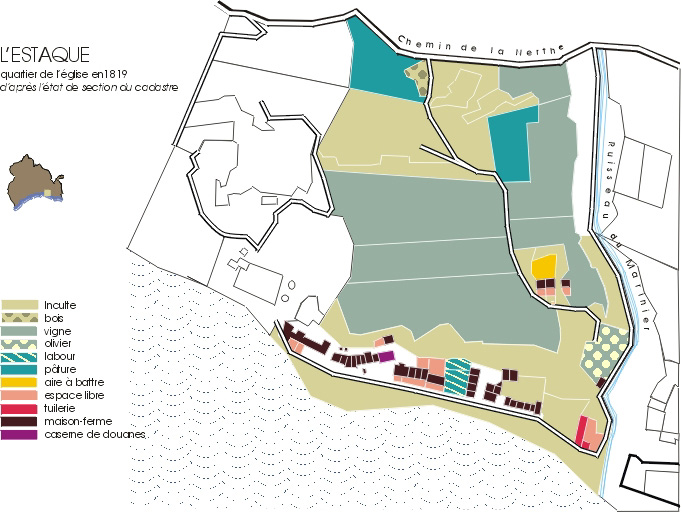 Le quartier de l'Eglise en 1819, d'après le plan cadastral avec report des usages des sols extraits de l'état de section.
