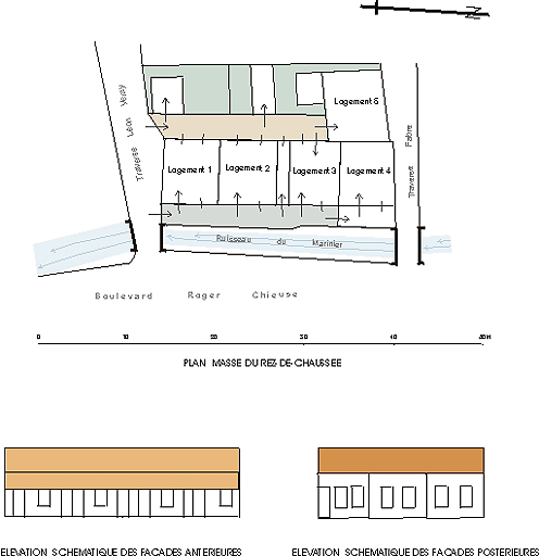 Immeuble à logements, 52 à 58 bd Roger-Chieusse. Construit vraisemblablement entre 1891 et 1910. Plan masse du rez-de-chaussée, élévations antérieure et postérieure.