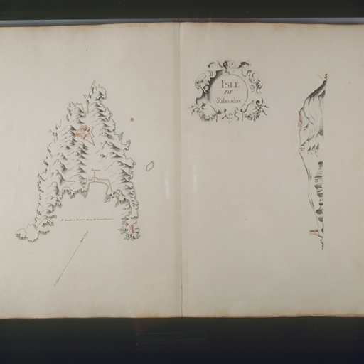 sle de Ribaudas. [Plan perspective de l'île avec plan d'une batterie] Vers 1635. ; Isle de Ribaudas. [Plan perspective de l'île avec plan d'une batterie] Vers 1635