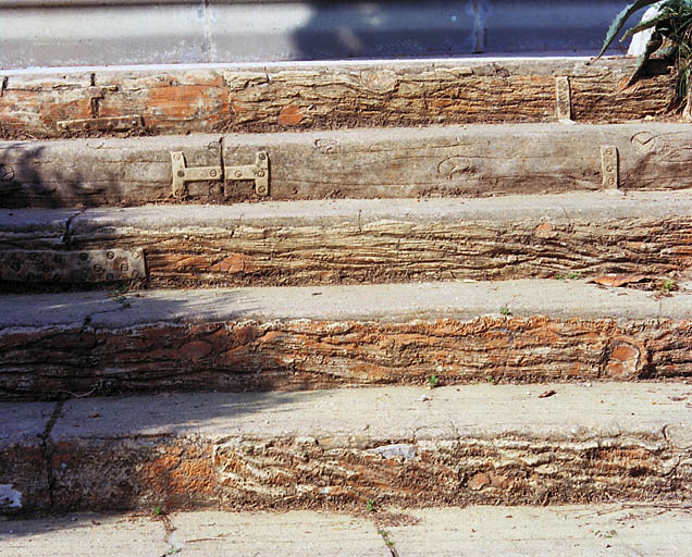 Escalier reliant la terrasse en terre-plein au parc. Détail.