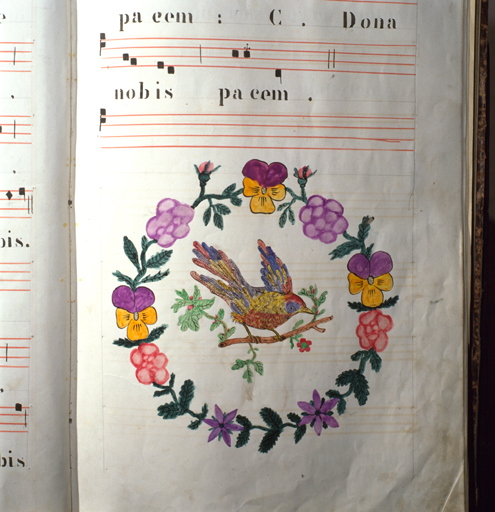 Livre : antiphonaire. Détail de la dernière page : oiseau.